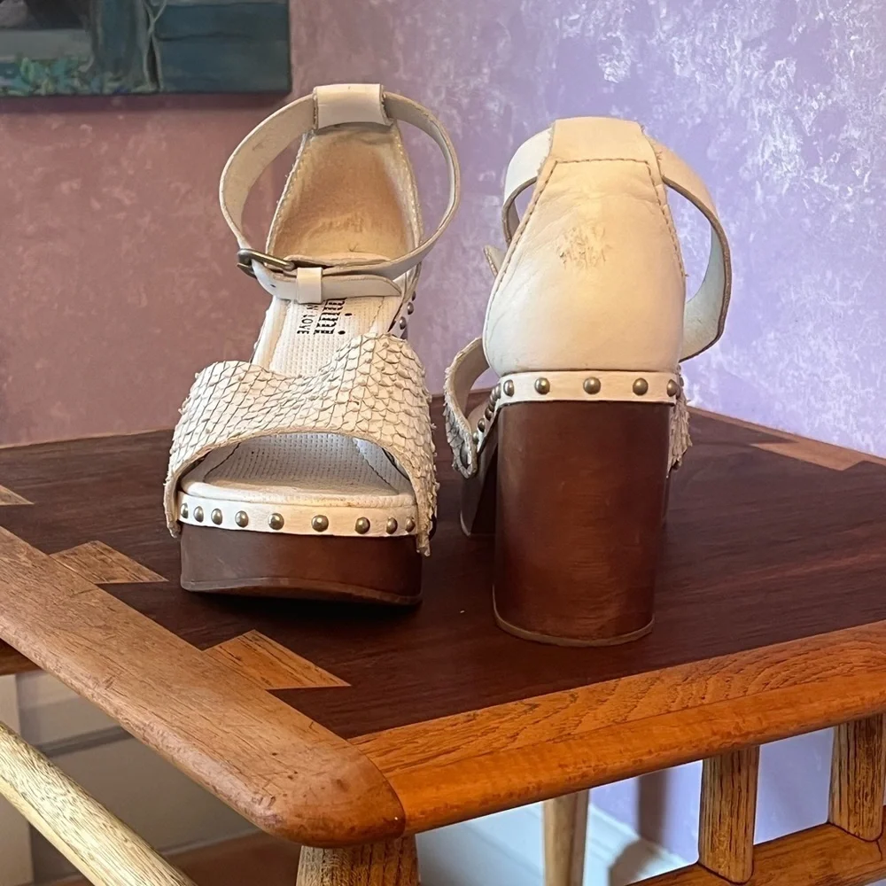 Felmini Python Leather Platform Clogs with Wooden Heel and ankle straps
